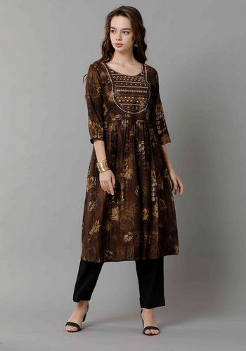 Designer Dark Brown Floral Mirror Work Women's Kurti
