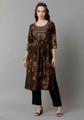 Designer Dark Brown Floral Mirror Work Women's Kurti
