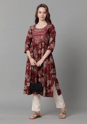 Designer Maroon Floral Mirror Work Women's Kurti
