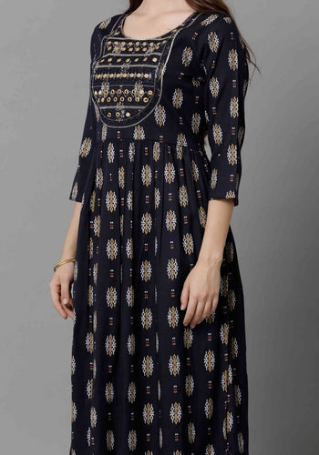 Designer Navy Blue Floral Mirror Work Women's Kurti 