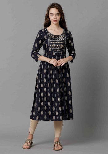 Designer Navy Blue Floral Mirror Work Women's Kurti 