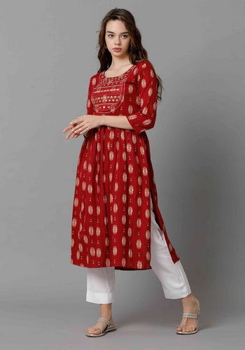 Designer Red Floral Mirror Work Women's Kurti 
