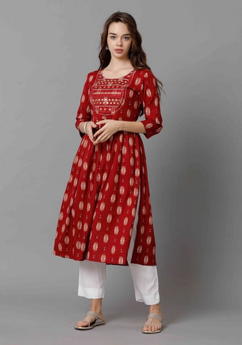 Designer Red Floral Mirror Work Women's Kurti 
