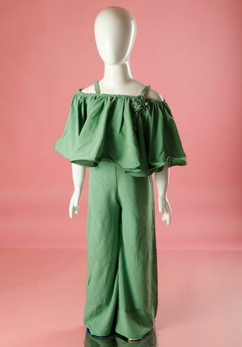 Girls Green Solid Jumpsuit