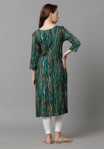 Green Abstract Printed V-Neck Princess-Cut Pocket Kurti For Women Online Shopping