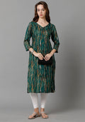 Shop Green Abstract Printed V-Neck Princess-Cut Pocket Kurti For Women
