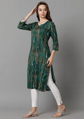 Buy Green Abstract Printed V-Neck Princess-Cut Pocket Kurti For Women Online