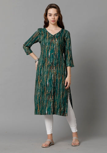 Green Abstract Printed V-Neck Princess-Cut Pocket Kurti For Women
