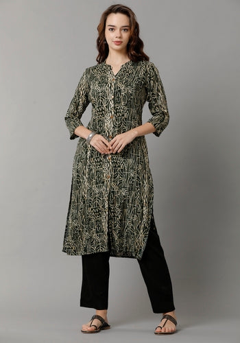 Green Chinese Neck Princess Cut Kurti With Cream Textured Print And Stripes