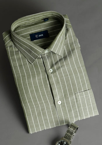 Green Colour Casual Shirt For Men with White Stripe