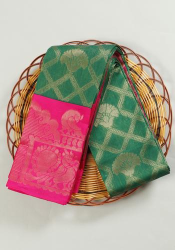 Green Colour Cotton Saree with Pink Blouse