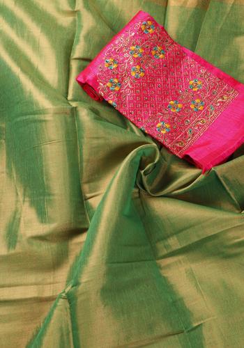 Green Colour Satin Saree With Border & Embroidered Blouse Piece