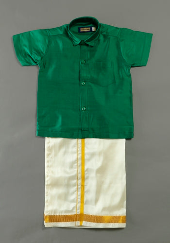 Green Colour Silk Cotton Dhoti & Shirt Set