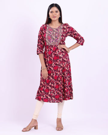 Designer Maroon Embroidered Women's Kurti