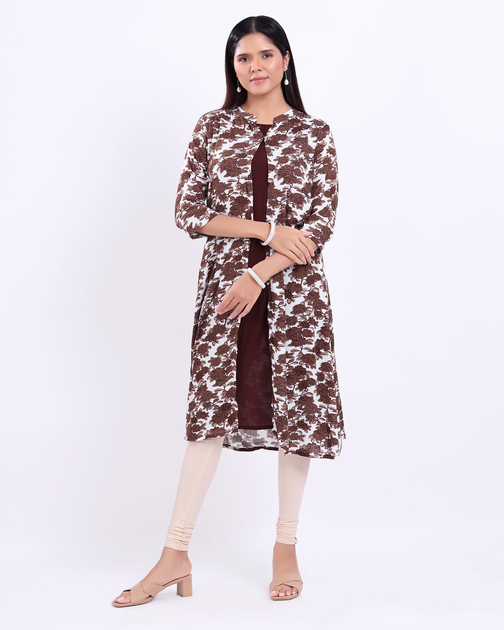 Designer Brown Printed Over Coat Model Women's Kurti