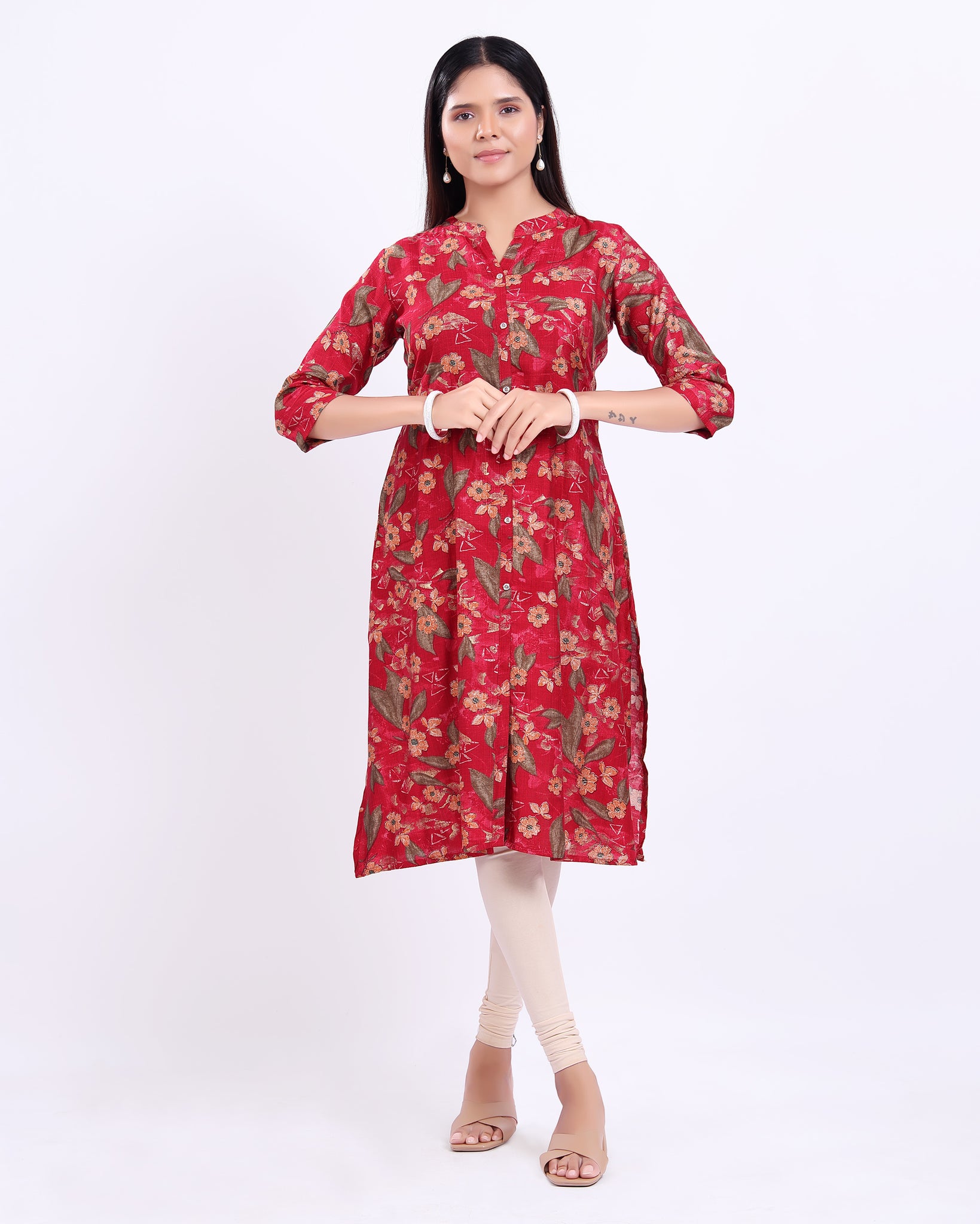 Stylish Women's Red Buttoned Down Printed Kurti