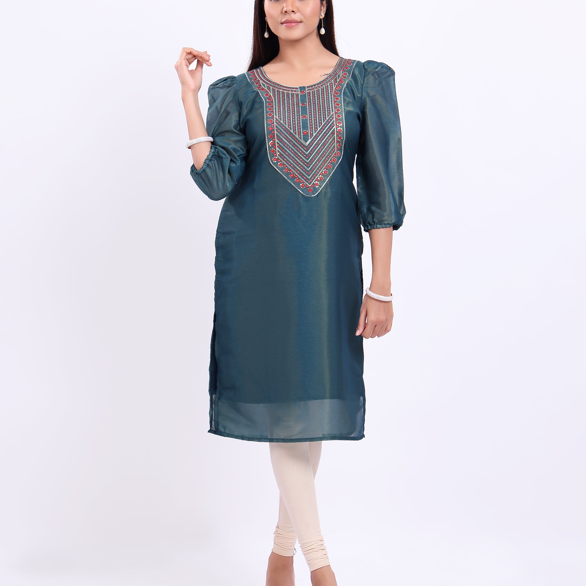 Designer Teal Blue Embroidered Women's Kurti