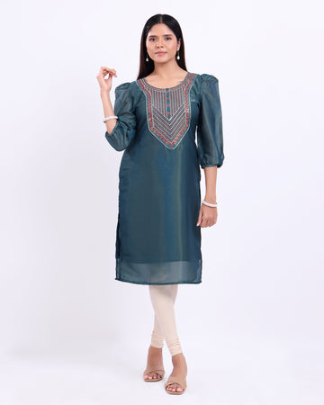 Designer Teal Blue Embroidered Women's Kurti