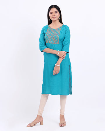 Designer Sky Blue Embroidered Women's Kurti