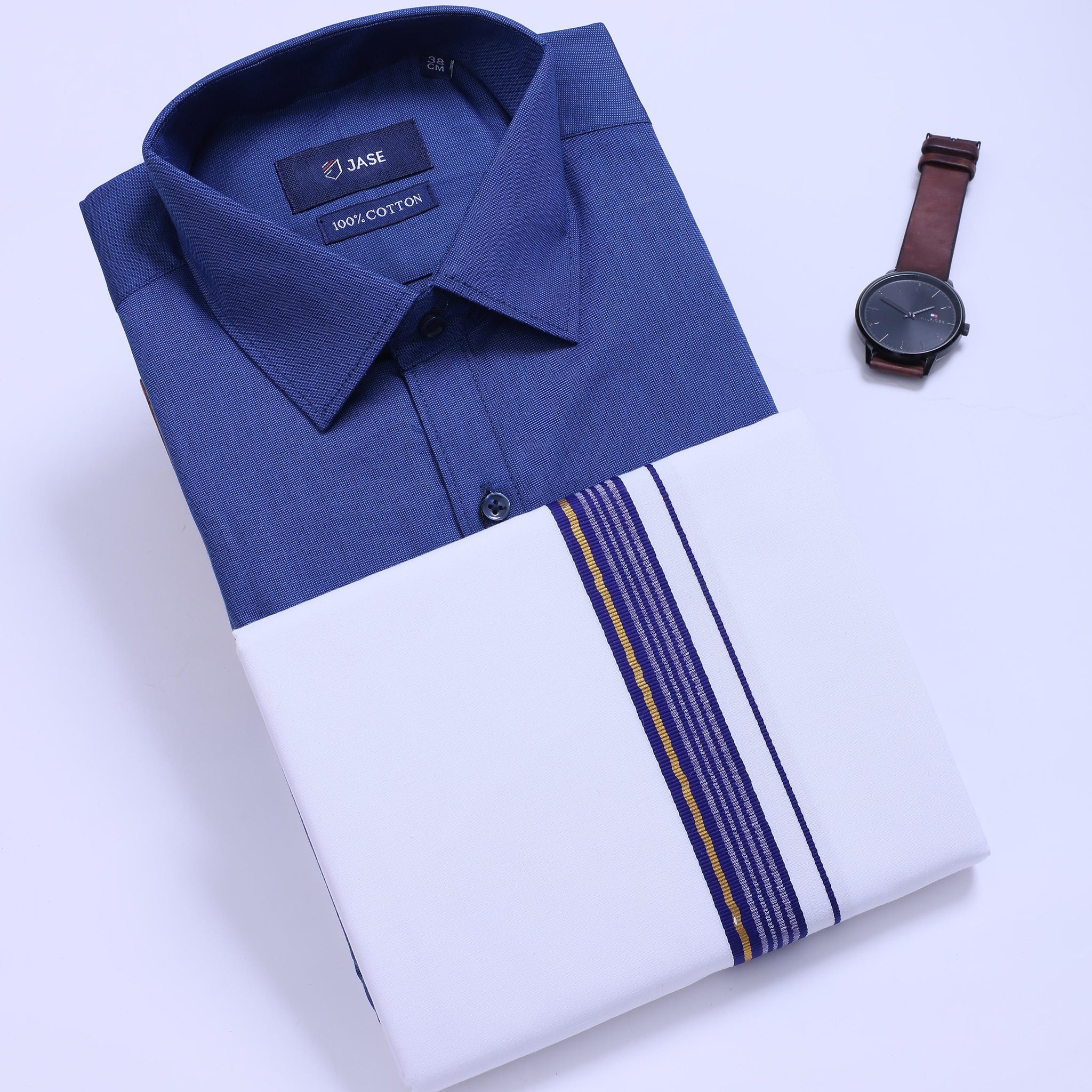 Men's Dark Blue Traditional Regular Fit Shirt & Dhoti Set