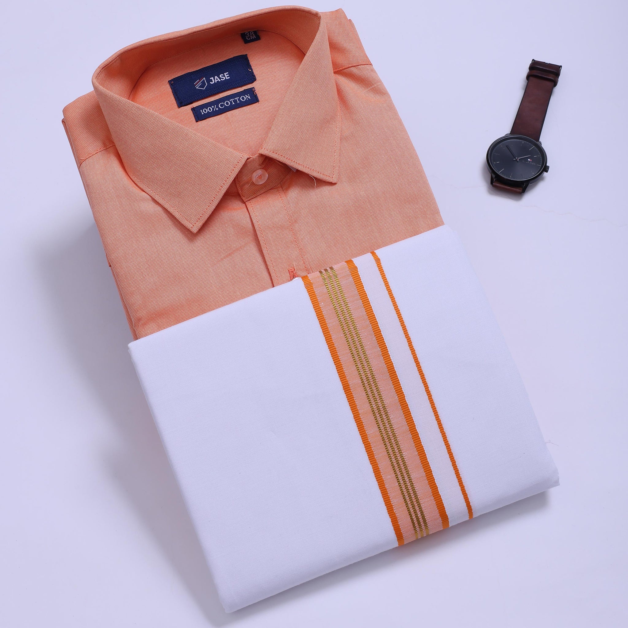 Men's Orange Traditional Regular Fit Shirt & Dhoti Set