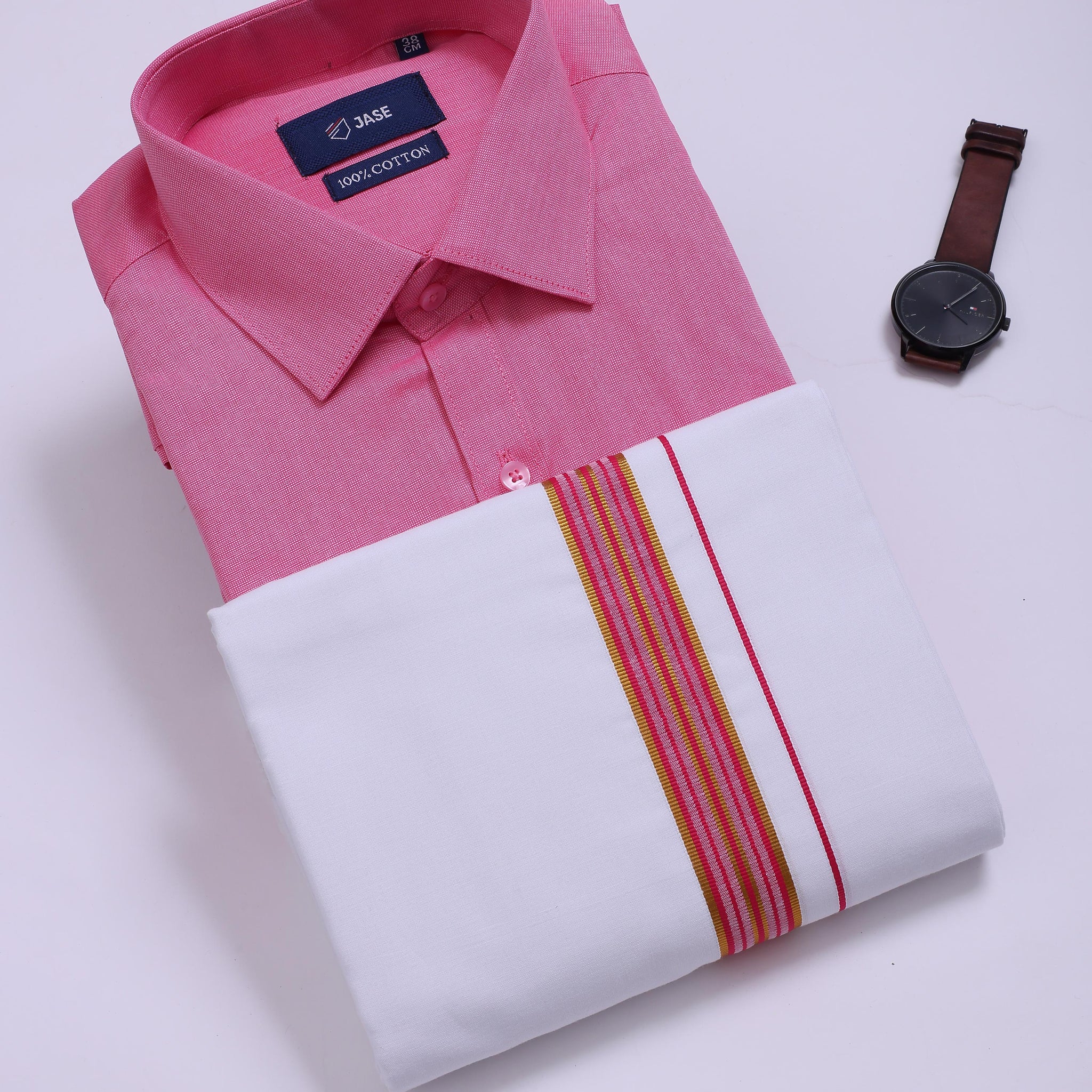 Men's Pink Traditional Regular Fit Shirt & Dhoti Set