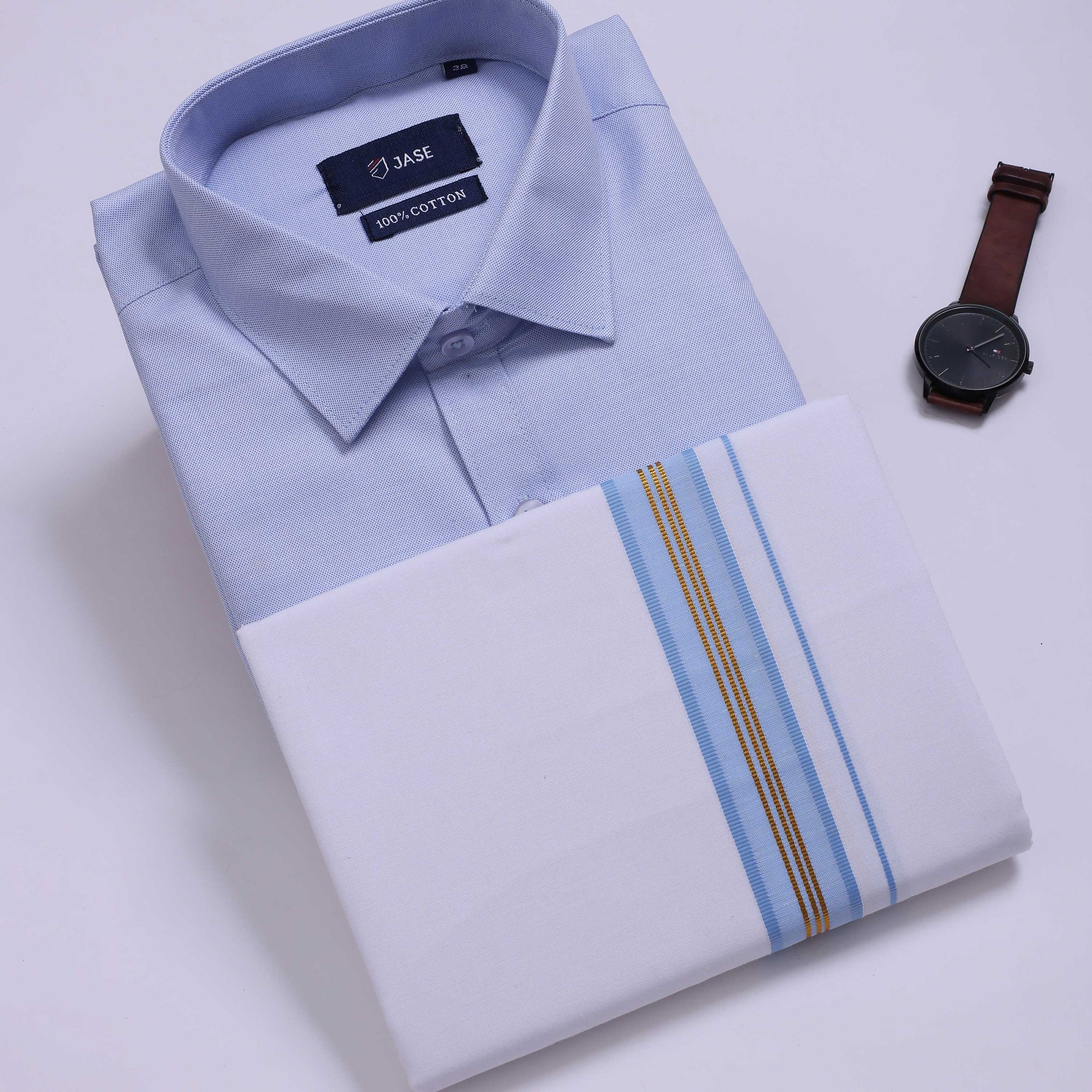 Men's Light Blue Traditional Regular Fit Shirt & Dhoti Set