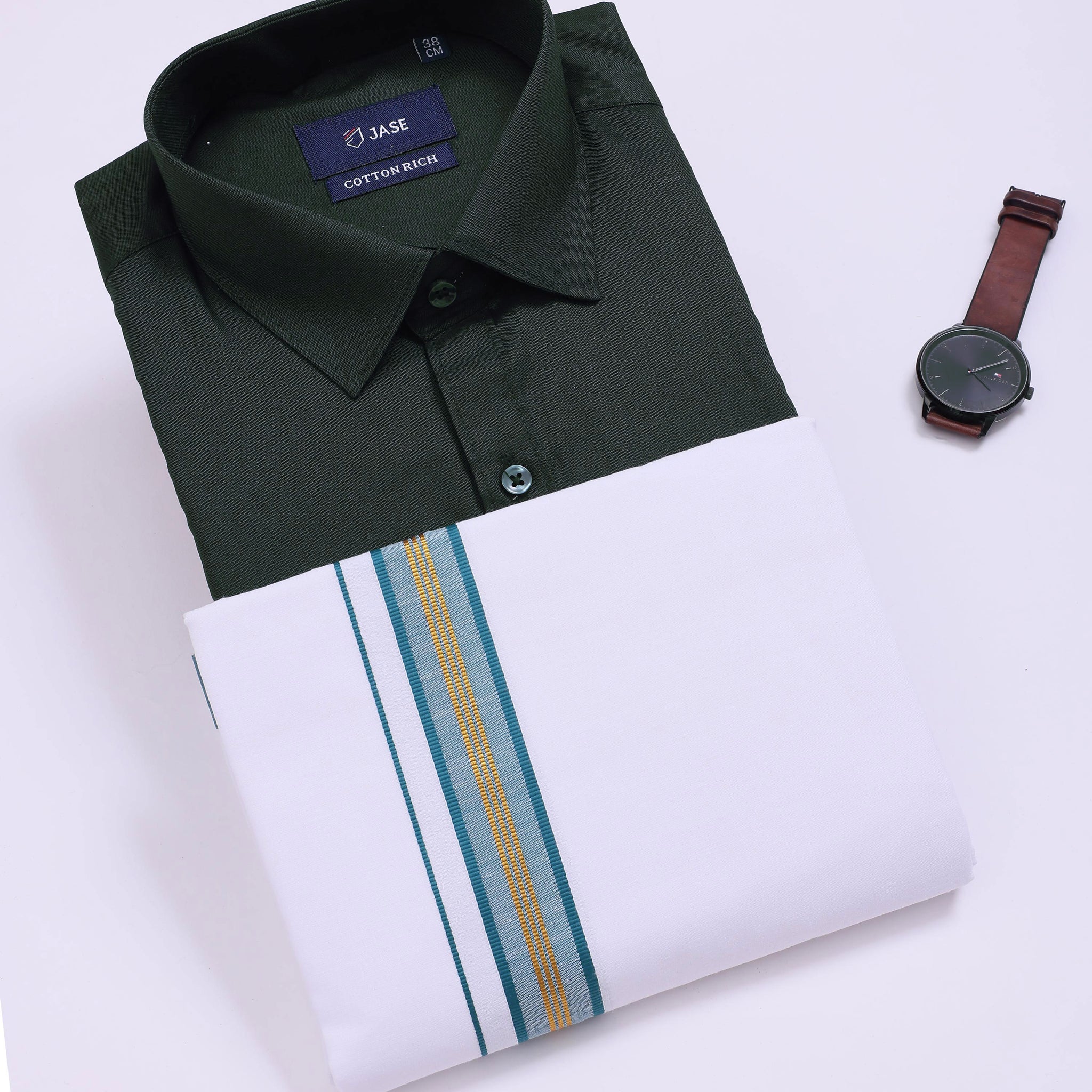 Men's Dark Green Traditional Regular Fit Shirt & Dhoti Set