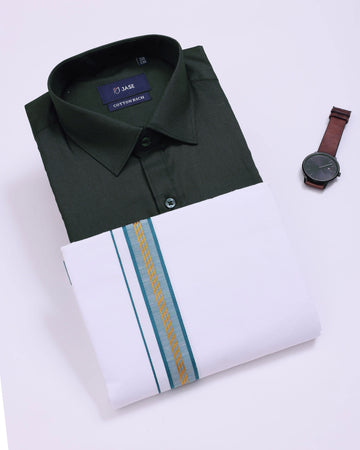 Men's Dark Green Traditional Regular Fit Shirt & Dhoti Set