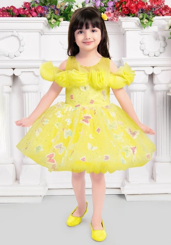 Lemon Yellow Colour Embellished Sequel Work Frock