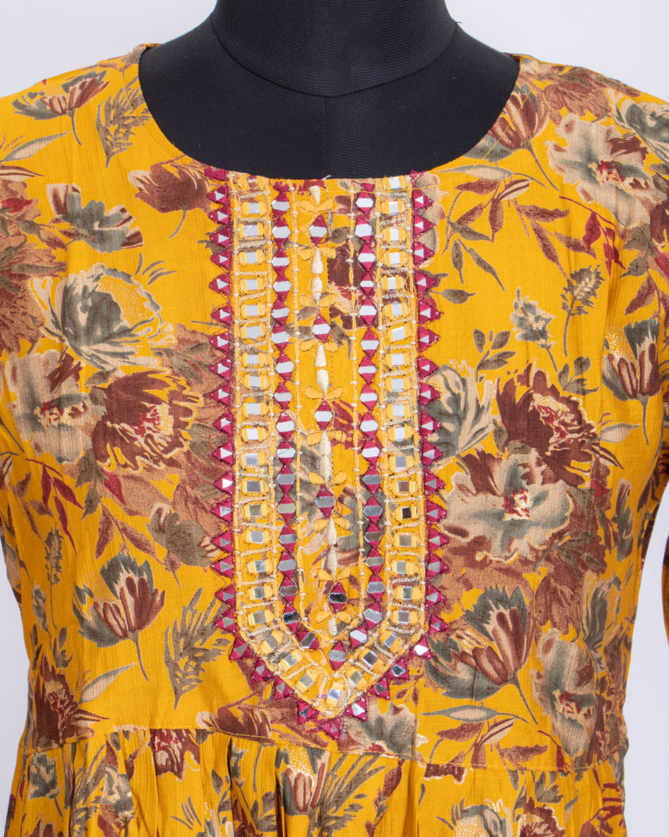 Designer Yellow Colour Floral Mirror Work Women's Kurti