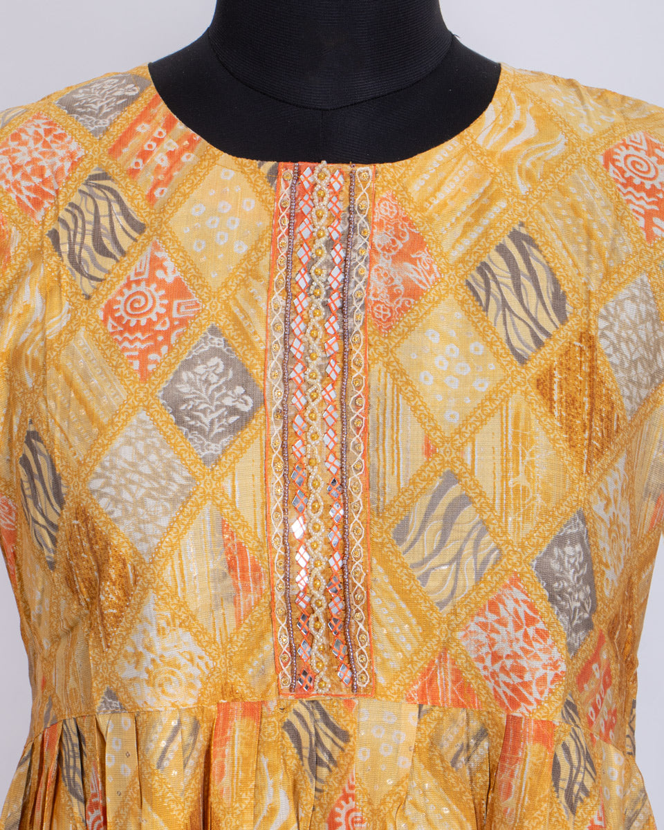 Designer Mustard Colour Floral Mirror Work Women's Kurti