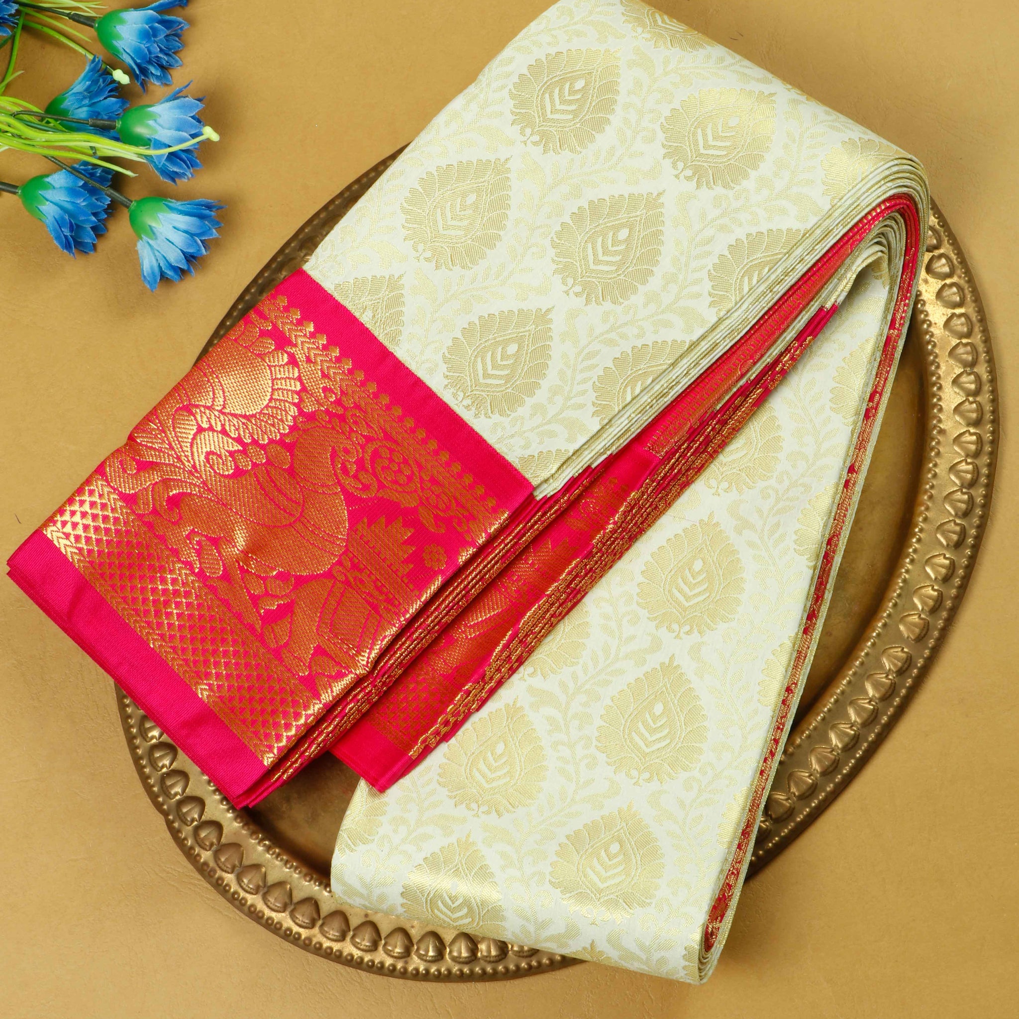 Cream Colour Printed Premium Silk Saree