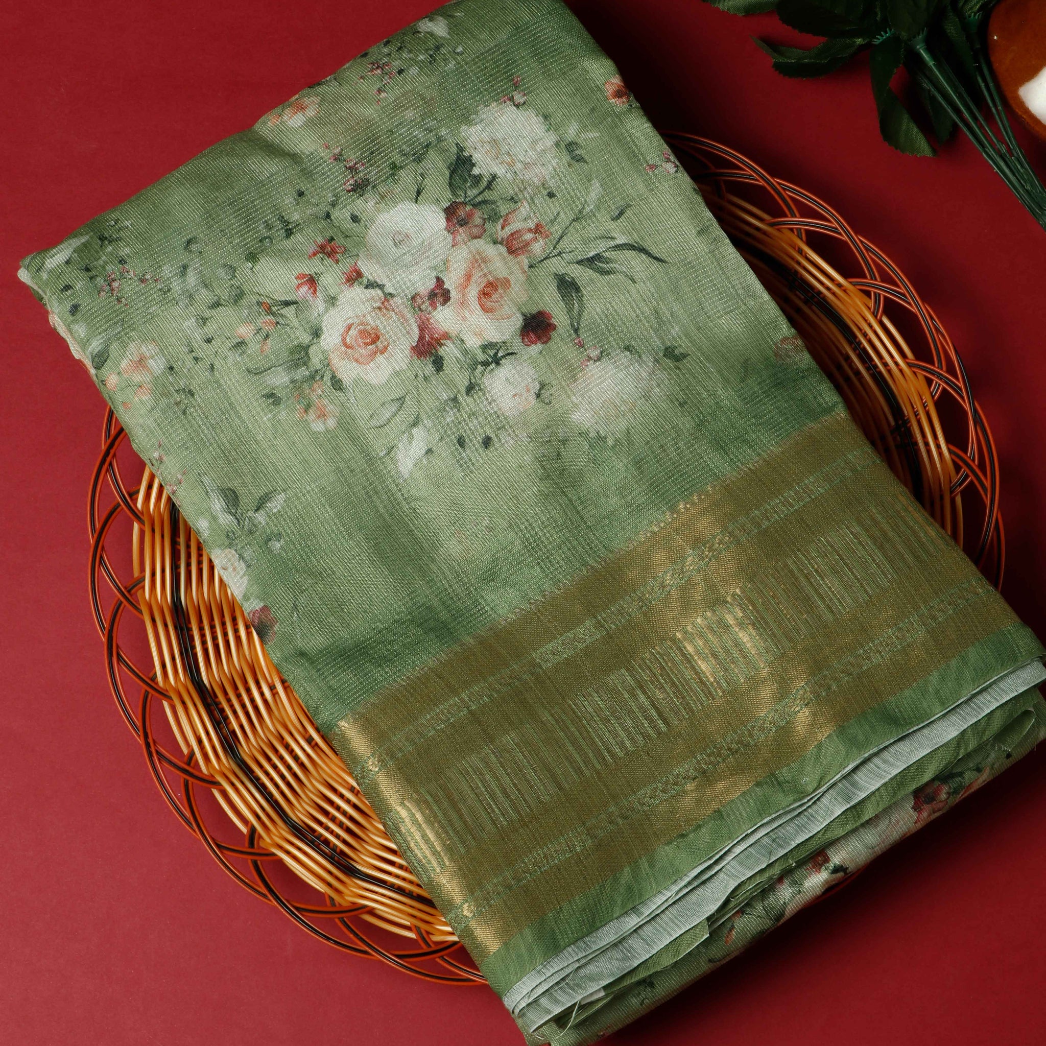 Green Colour Digital Printed Linen Cotton Saree