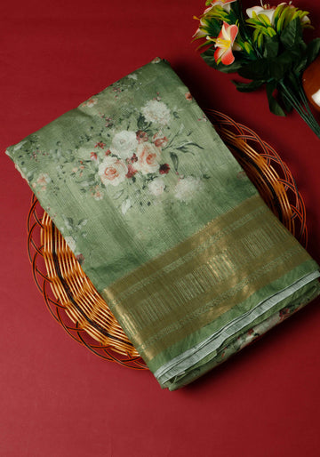Green Colour Digital Printed Linen Cotton Saree