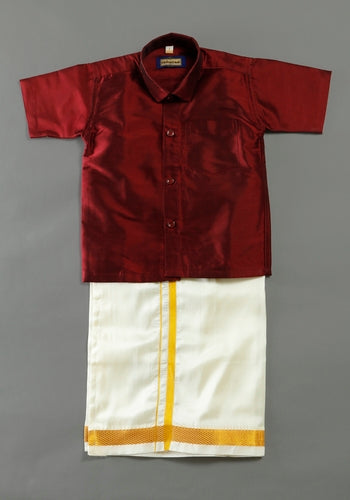 Maroon Colour Silk Cotton Dhoti & Shirt Set