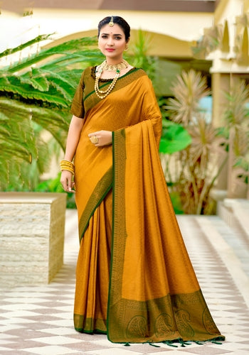 Mustard Colour Art & Soft Silk Saree With Green