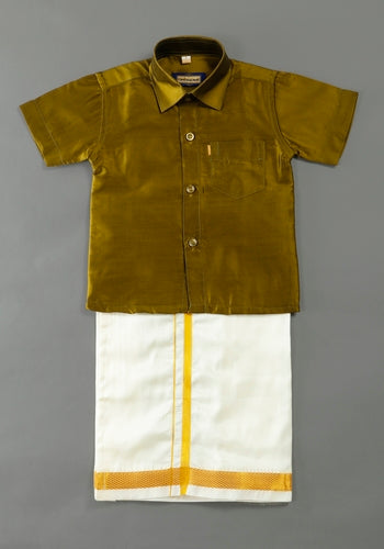 Olive Green Colour Silk Cotton Dhoti & Shirt Set