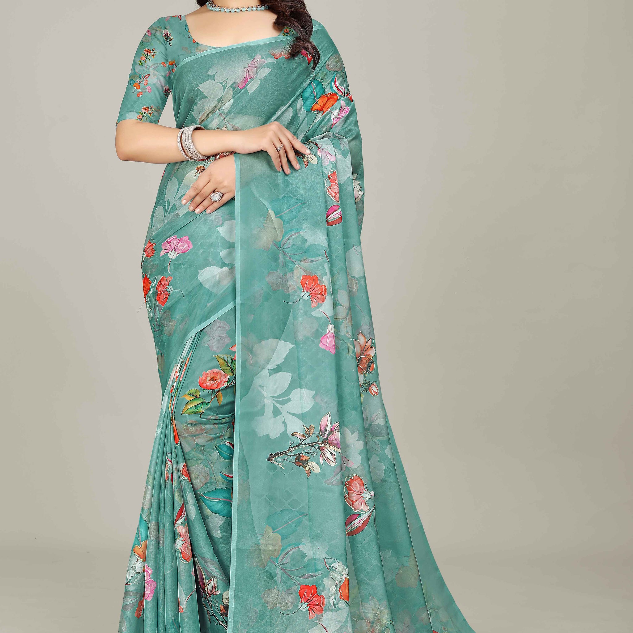 Green Colour Printed Linen Cotton Sarees