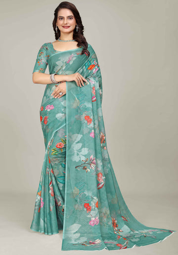 Green Colour Printed Linen Cotton Sarees