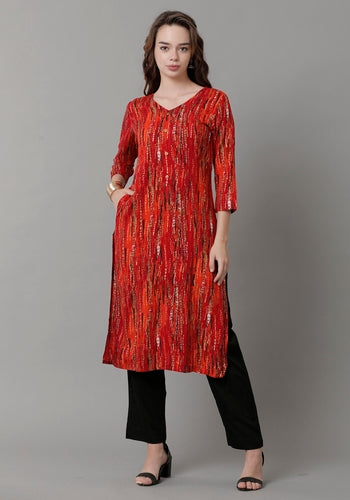 Red Abstract Printed V-Neck Princess-Cut Pocket Kurti For Women
