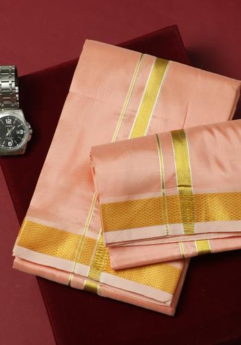 Salmon Colour Silk Dhothi With Towel