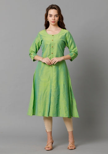 Stylish Women's Green Princess Cut Kurti With Buttoned Down Stripes