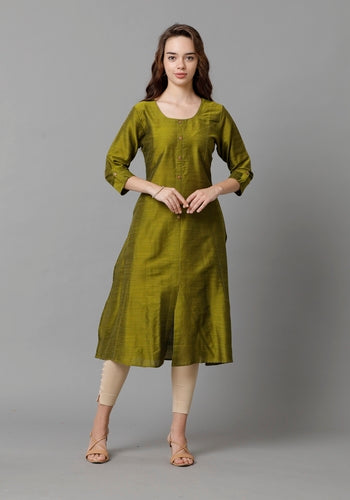 Stylish Women's Olive Green Princess Cut Kurti With Buttoned Down Stripes