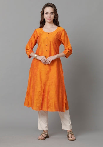 Stylish Women's Orange Princess Cut Kurti With Buttoned Down Stripes