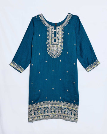 Teal Blue Embroidered Kids Churidar & Salwar - Readymade