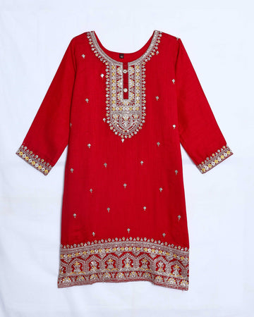 Red Embroidered Kids Churidar & Salwar - Readymade