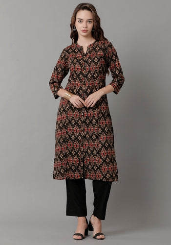 Women's Stylish Black Princess Cut Silk Kurti With Red Patola Print And Chinese Neck Design
