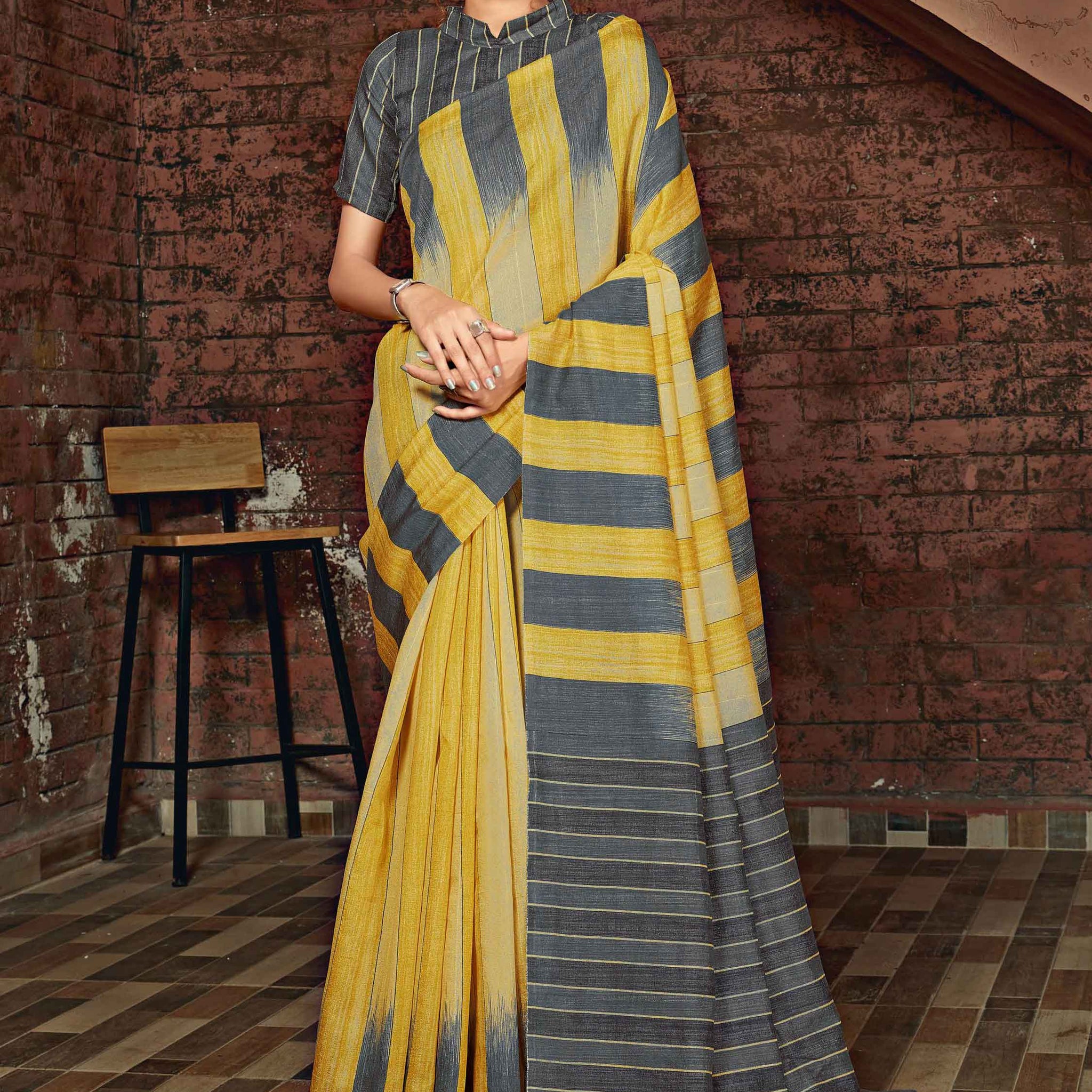 Grey With Light Yellow Color Uniform Saree - U04