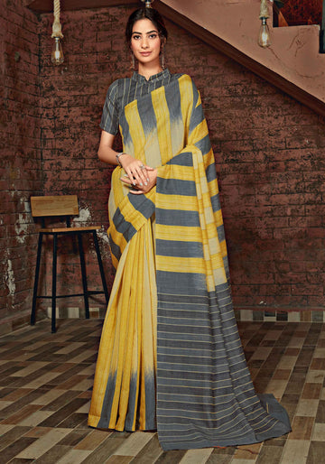 Grey With Light Yellow Color Uniform Saree - U04